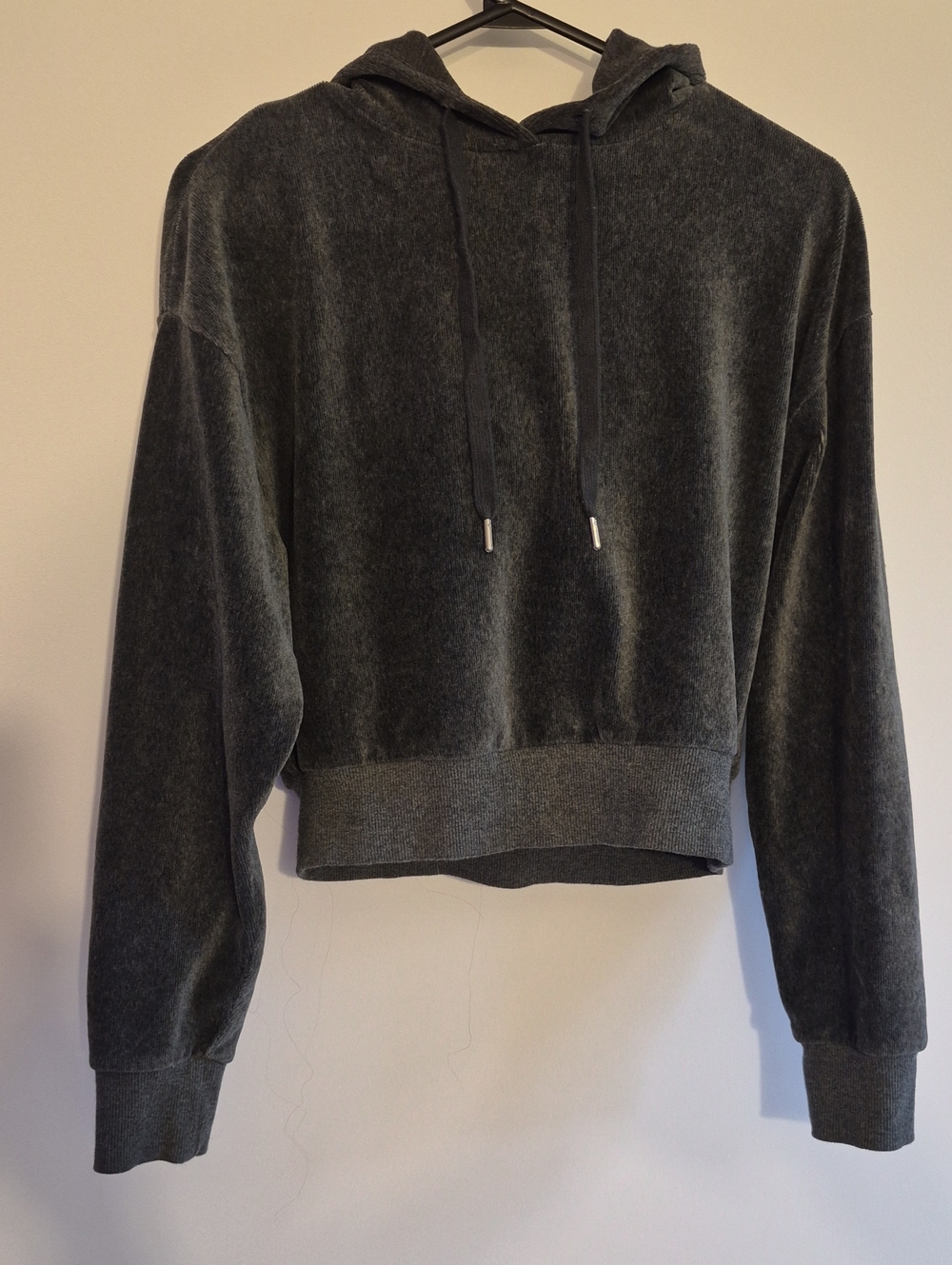 Women's Charcoal Velvet Hooded Pullover Sweatshirt